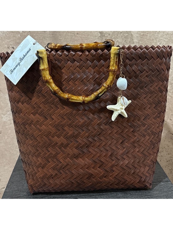 Tommy Bahama Handbags - Tommy Bahama J705 Brown Woven Tote Bag with Bamboo Handles and Seashell Charms
